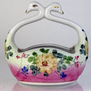 Vintage White Ceramic Swan Bowl Elegant 1950s Dual Swan Decorative Bowl